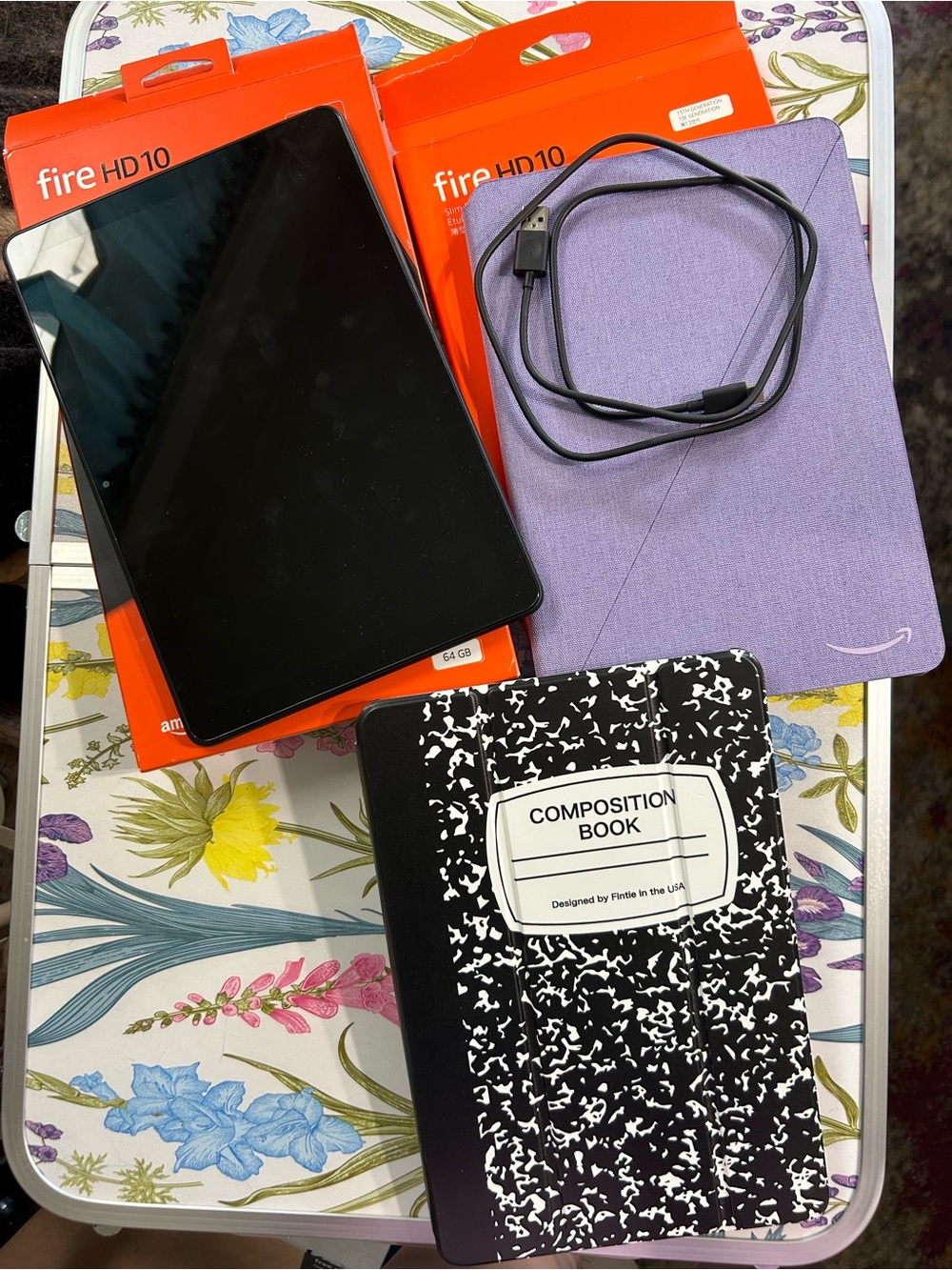 Amazon Fire HD10 Tablet with Purple Smart Cover and Black Composition Book